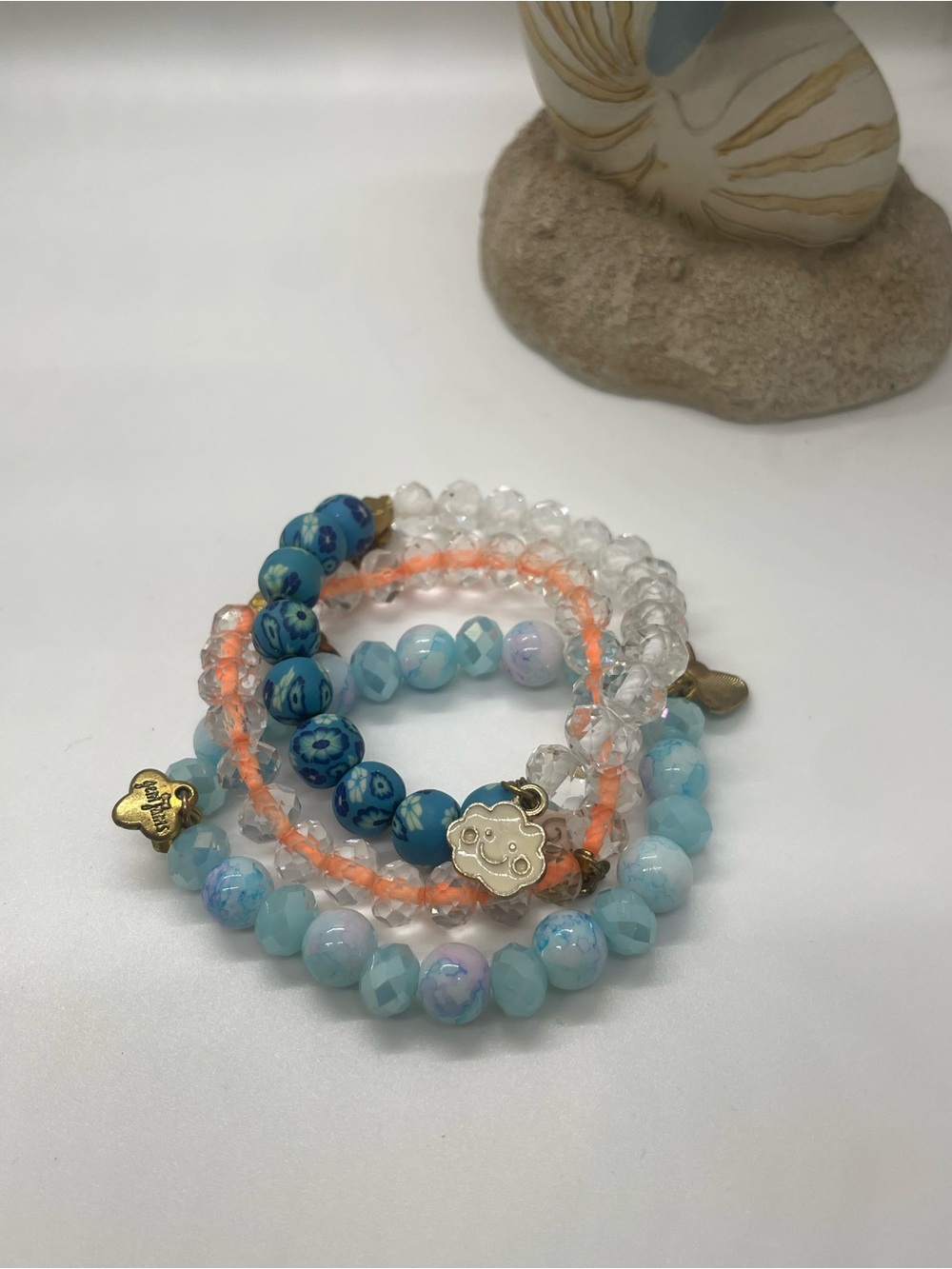 Kids Blue & Orange Beaded Bracelet Stack with Gold Charms